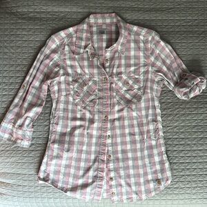 Carhartt checked button workshirt with 3/4 roll sleeves pink gray white gingham